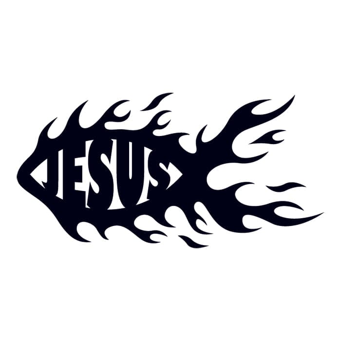 Collection of Flaming Jesus Fish Promotional Product Tattoo 2.5 in x 1.5 in in a gallery layout