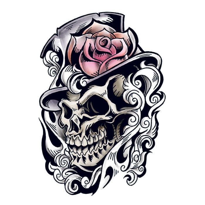 Collection of Skull with Top Hat Promotional Product Tattoo 3.5 in x 2.5 in in a gallery layout