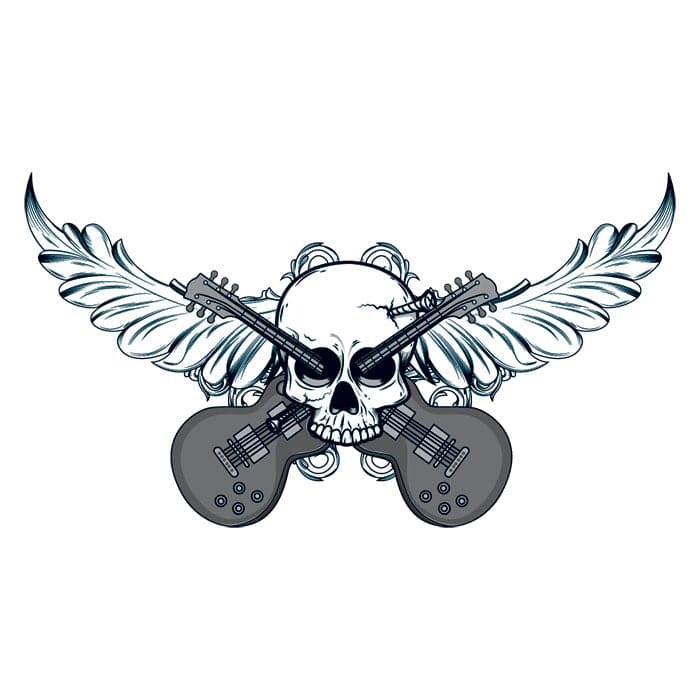 Collection of Skull with Guitars Promotional Product Tattoo 3.5 in x 2.5 in in a gallery layout