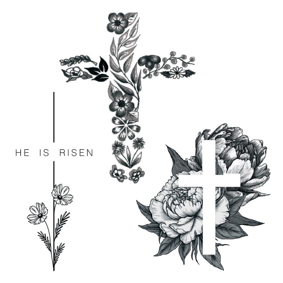 Collection of Hand Drawn Floral Cross Promotional Product Tattoo Set of 3 - Promotional Product Tattoo in a gallery layout